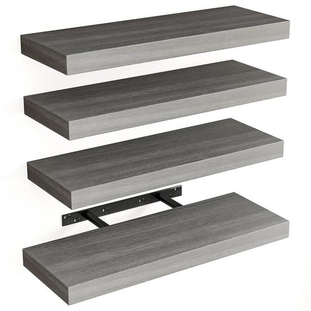 Fixwal 15.8in Floating Shelves, Rustic Wood Finish Wall Shelves Set of 4, Shelves for Wall Decor, with Invisible Brackets for Bathroom, Living Room,Bedroom and Kitchen(Gray)