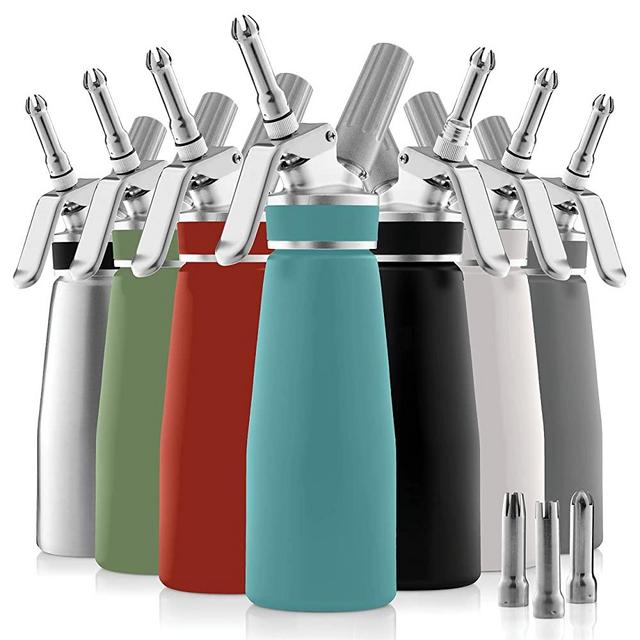 Professional Whipped Cream Dispenser - Highly Durable Aluminum Cream Whipper, 3 Various Stainless Culinary Decorating Nozzles and 1 Brush - Whip Cream Canister with Recipe Guide - Homemade Cream Maker