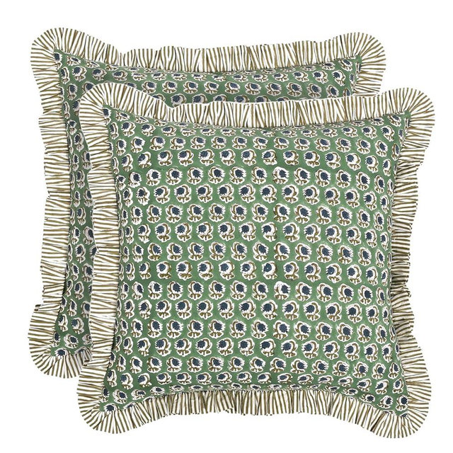 Ridhi Modern Farmhouse Pillow Covers Decorative Cotton Throw Pillow Covers Set of 2 Basil Green Cushion Covers with Ruffle for Couch Sofa Bed Living Room Spring Home Decor 18x18