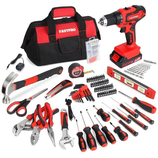 FASTPRO 232-Piece 20V Cordless Lithium-ion Drill Driver & Home Tool Set, Household Repairing Tool Kit with Drill, 12-Inch Wide Mouth Storage Tool Bag, Red