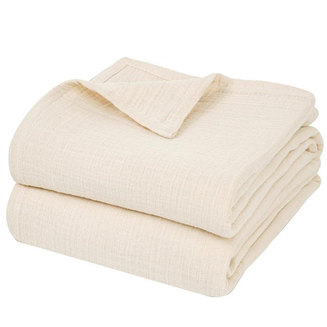 PHF 100% Cotton Muslin Blanket Queen Size 90" x 90", 4-Layer Lightweight and Breathable Blanket, Luxuriously Soft Gauze Blanket for Adults, Elegant Home Decoration for Couch Bed, Beige