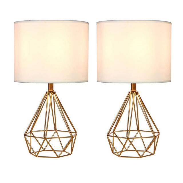 SOTTAE Golden Hollowed Out Base Modern Lamp Bedroom Livingroom Beside Table Lamp, 16" Desk Lamp with White Fabric Shade(Set of 2)