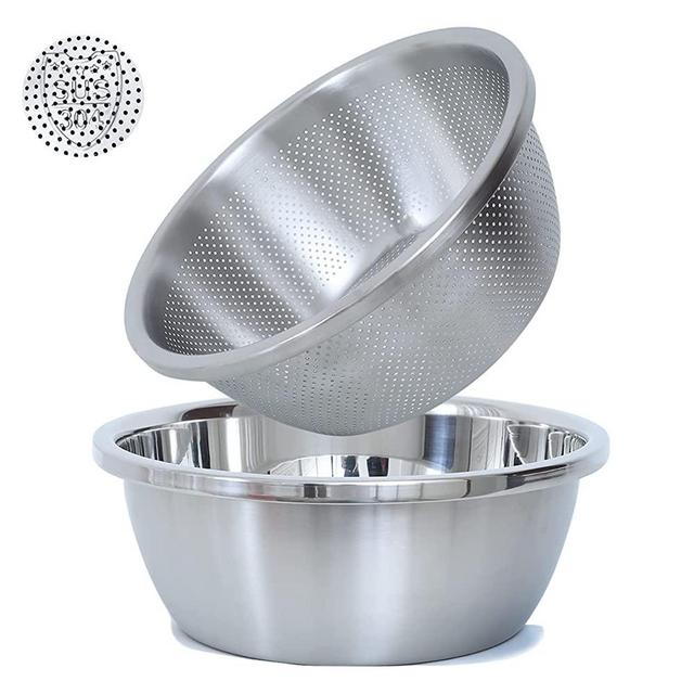 304 Stainless Steel Microporous Colander, Large Capacity with Mixing Bowl For washing vegetables, fruit and rice and for draining cooked pasta. (2PC) (1.5qt)