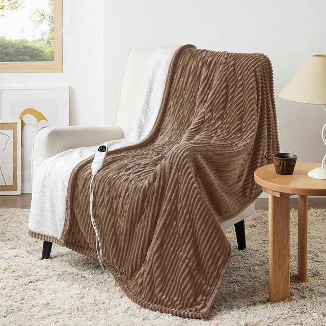 Bedsure Electric Blanket Heated Throw - Soft Ribbed Flannel Heated Blanket, Fast Heating Electric Throw with 6 Heating Levels & 4 Time Settings, 3 Hours Auto-Off (50x60 inches, Brown)