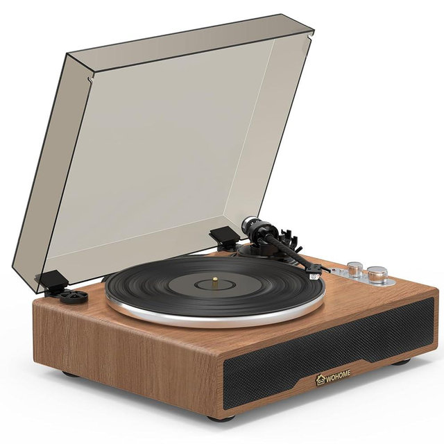 Bluetooth Vinyl Record Player with Built-in Speakers, Wohome Belt-Driven Hi-Fi Vintage Turntable with Magnetic Cartridge, RCA Line Out AUX in Headphone Jack, Auto Off