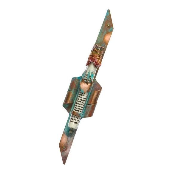 Gary Rosenthal Copper Patina Mezuzah With Curls - Traditions Jewish Gifts