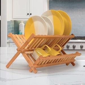Dish Drying Rack - Collapsible 2-Tier Bamboo Dish Rack for Kitchen Counter, Wooden Dish Drainer with Foldable Space-Saving Design - Drying Rack for Dishes