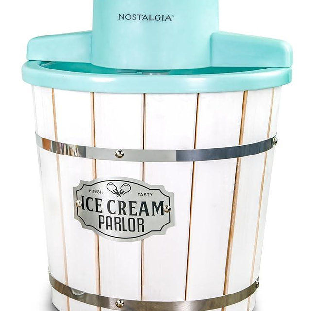 Nostalgia Electric Ice Cream Maker – Wood Bucket Parlor Style, Old Fashioned Soft Serve Ice Cream Machine Makes Frozen Yogurt or Gelato in Minutes - Fun Kitchen Appliance – White & Aqua - 4 Quart