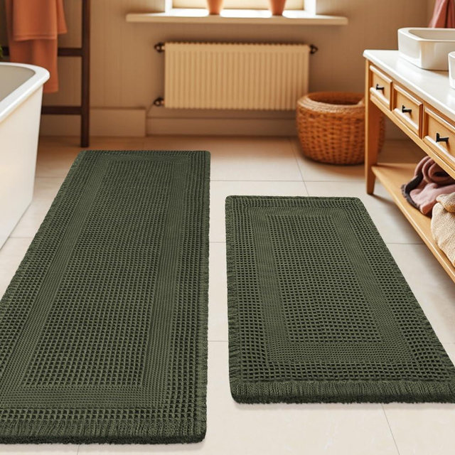 Waffle Bath Mat Set 2 Piece, Boho Woven Modern Bath Rug Absorbent Non Slip, Ultra Soft Bathroom Mats, Machine Washable Knit Bath Rugs with Tassels for Bathroom, Bedroom, Kitchen, Shower, Dark Green