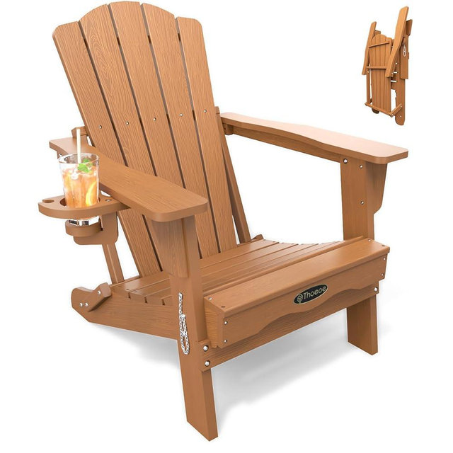 THOEOE Folding Adirondack Chair,HDPE All-Weather Outdoor Chair with Cup Holder,Wooden Textured,Fire Pit Chair,Plastic Patio Chair for Deck,Backyard,Garden,Lawn, Wood