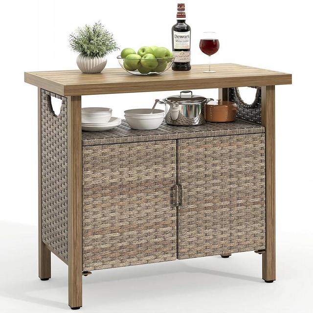 YITAHOME Outdoor Storage Cabinet, Patio Bar Table with Two Doors and Shelves, Weatherproof Wicker Storage Console Table for Outdoor Cushions, Pool Toys and Garden Potting - Brown