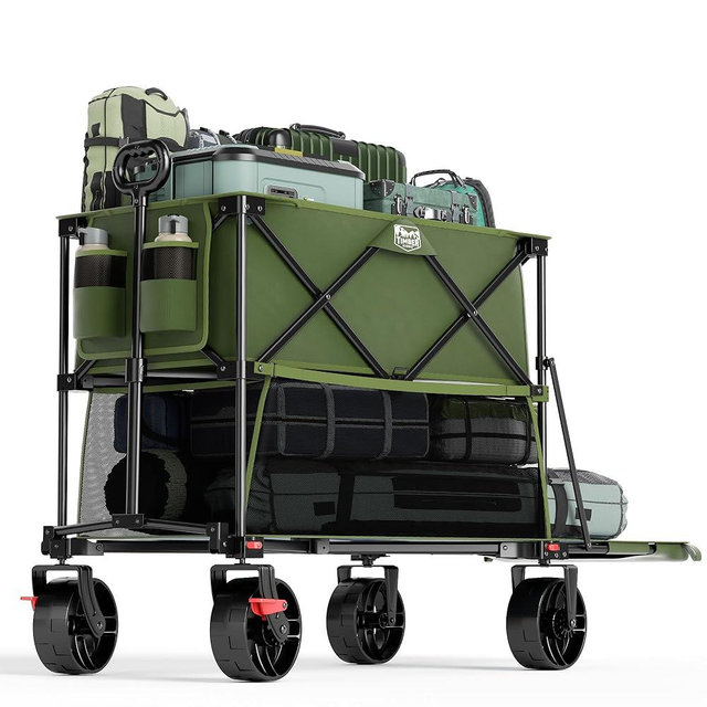 TIMBER RIDGE 400L Large Capacity Folding Double Decker Wagon with Brakes, 54" Extra Long Extender Wagon Cart, 450lbs Heavy Duty Collapsible Cart, All-Terrain Big Wheels for Camping, Sports, Shopping