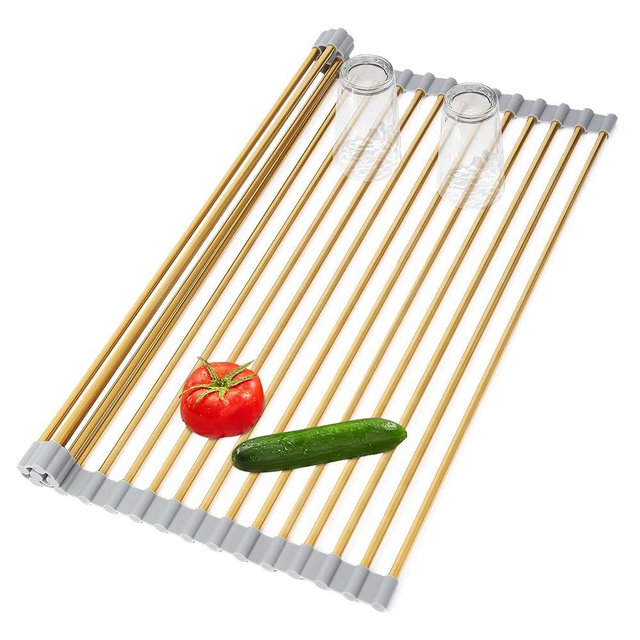 HAYAWEY Golden Roll-UP Dish Drying Rack-Large Stainless Steel Dish Drainer Over The Sink for Kitchen Countertop with Anti-Slip Silicone,Rollable for Easy Storage (Gold,17.8'x 13.2')