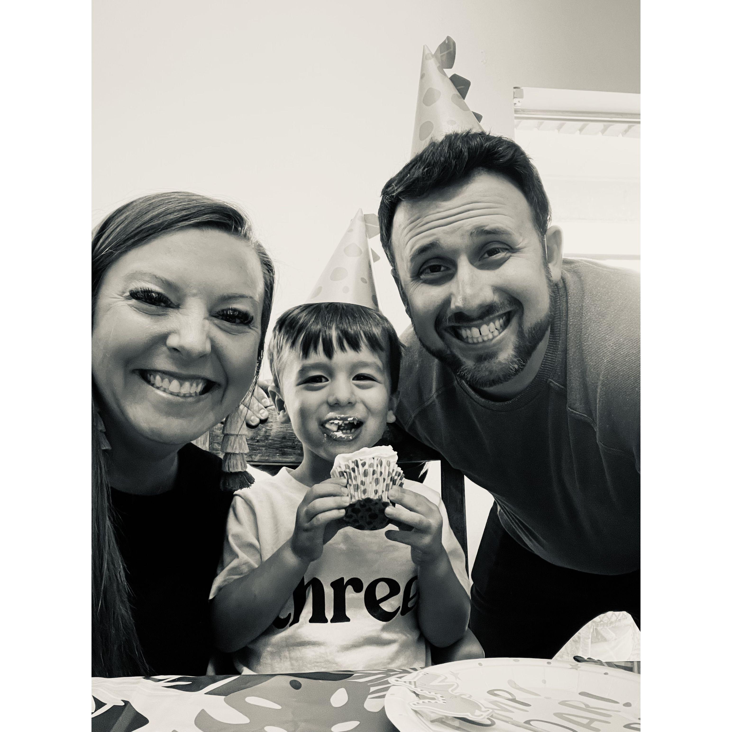 Jackson's 3rd Birthday Party was dinosaur themed! He ate only the icing on all cupcakes!