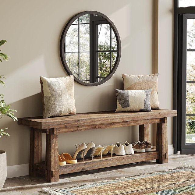 TRIBEWOOD 55" Solid Wood Entryway Bench with Shoe Storage, Rustic Charred Wood Grain Foyer Bench with Open Shelf for Hallway, Mudroom, Bedroom, Easy Assembly
