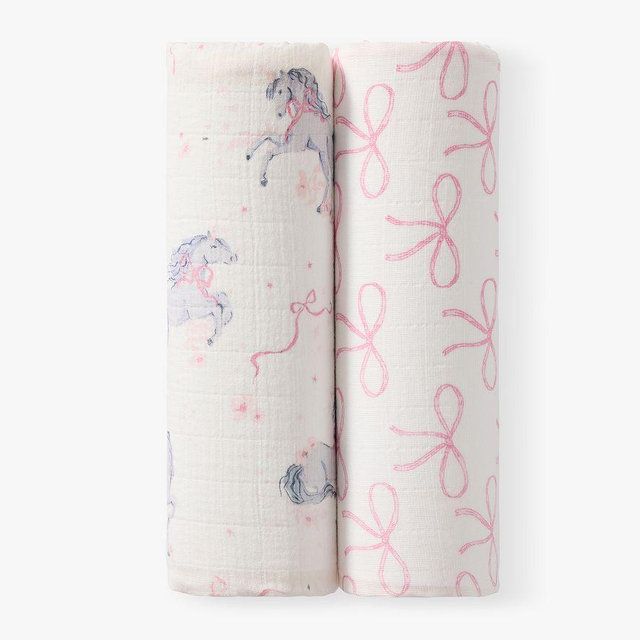 Organic Unicorn Bows Muslin Swaddle Set Of 2 , Multi