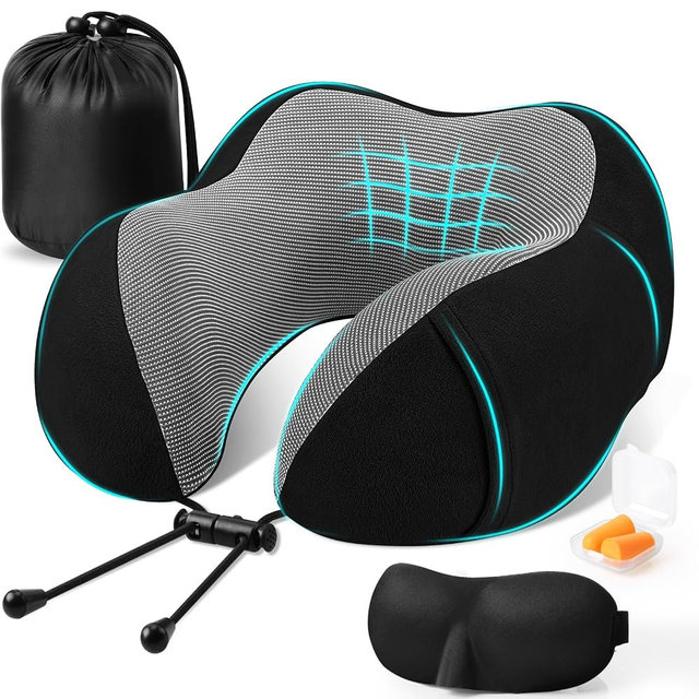 CloudBliss Travel Pillow for Airplane, Memory Foam Neck Pillow for Travel, Compact Flight Pillow with Eye Mask, Earplugs, Carry Bag, Travel Neck Pillow for Long Flight Sleep, Plane Accessories, Black