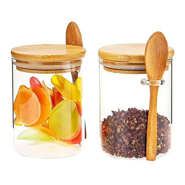2 Sets 15Oz,Clear Glass Storage Canister with Wooden Spoon Airtight Lid Sealed Kitchen Food Container Jar with Scoop for Bath Salt Holder,Sugar,Spice,Coffee,Matcha Tea,Condiment,Pepper(2)