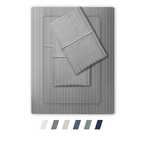 Feather & Stitch 500 Thread Count 100% Cotton Stripe Sheets + 2 Pillowcases, Soft Sateen Weave, Deep Pocket, Hotel Collection, Luxury Bedding Set (Grey, Queen)