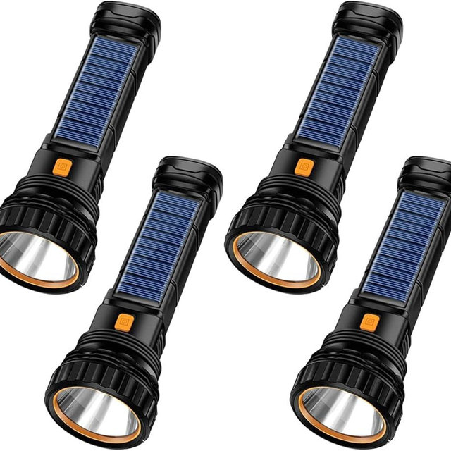 E-SHIDAI 4pcs Solar/Rechargeable Multi Function 1000 Lumens LED Flashlight, with Emergency Strobe Light and 1200 Mah Battery, Emergency Power Supply and USB Charging Cable, Fast Charging (4PC)