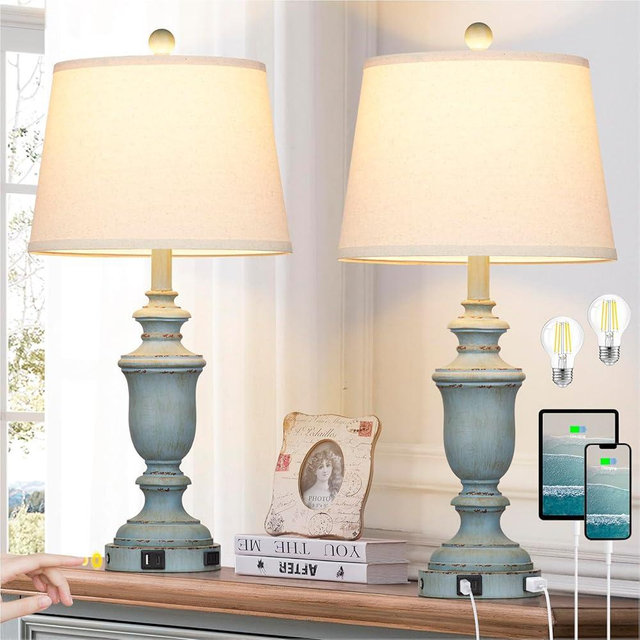 Cinkeda 25.6" Blue Table Lamps Set of 2 with USB C+A Ports & AC Outlet for Coastal Living Room Bedroom,3-Way Dimmable Farmhouse Touch Lamp Bedside Lamps for Nightstand,Retro Blue