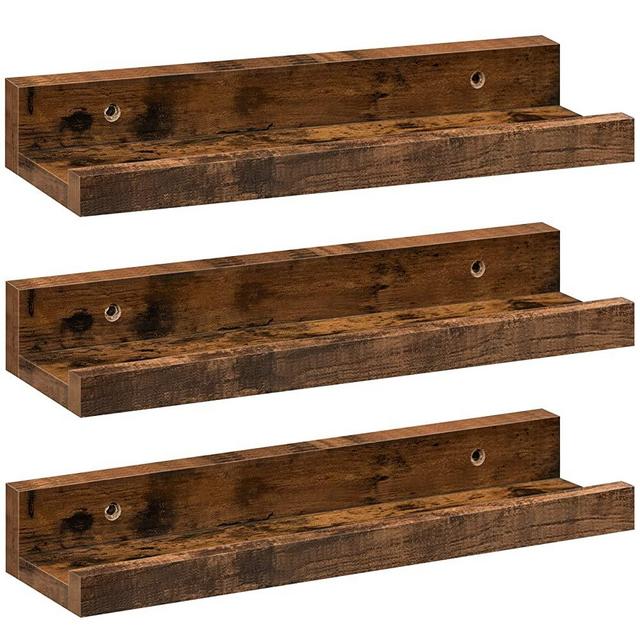 HOOBRO Floating Shelves, Wall Shelf Set of 3, 15 Inches Hanging Shelf with Raised Edge and Invisible Brackets, for Bathroom, Bedroom, Toilet, Kitchen, Office, Living Room Decor, Rustic Brown BF38BJ01