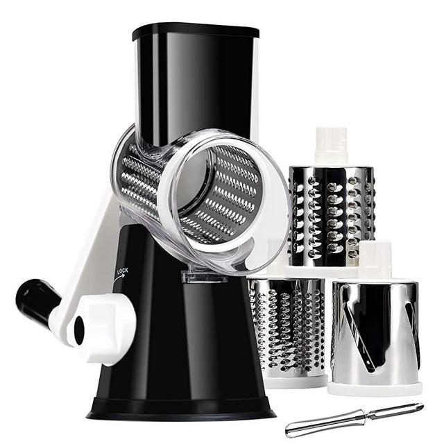 Rotary Cheese Grater with Handle - Vegetable Slicer Shredder Grater for Kitchen 3 Interchangeable Blades with a Stainless Steel peeler