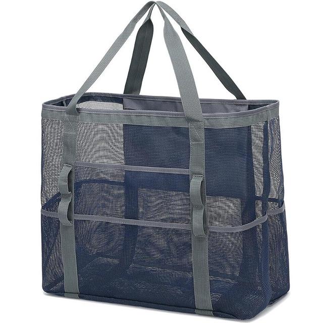 Fammart Mesh Beach Bag, Large Beach Tote with Zipper Pocket for Family Pool Bag for Toys & Vacation Essentials