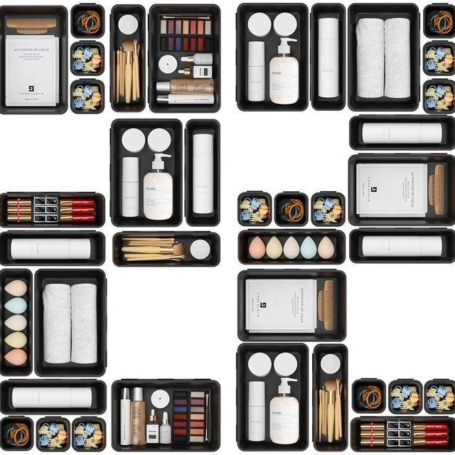 【𝟮𝟮𝗣𝗖𝗦】A-LUGEI Plastic Black Desk Drawer Organizer Tray Divider Set, Makeup Organization and Storage Bin Container for Office Utensils Bathroom Kitchen Bedroom Gadget Tool Pantry Cosmetic Jewelry