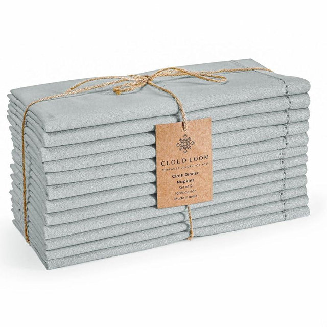CLOUDLOOM Set of 12 Hemstitch Dinner Napkins 100% Cotton - Soft Durable Reusable Napkins - Perfect for Dining Weddings Parties Holidays Christmas and Everyday Use - Cloth Napkins 18x18 Inch Light Grey