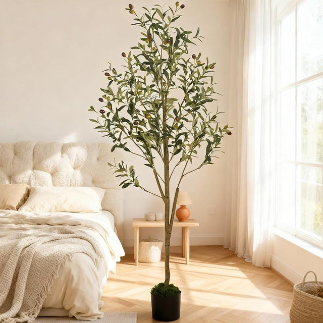 5ft (150 cm) Artificial Olive Tree with Black Plastic Pot & Moss – 720 Leaves, 40 Olives, Realistic Fake Indoor Potted Plant for Home, Bedroom, Office & Living Room Decor