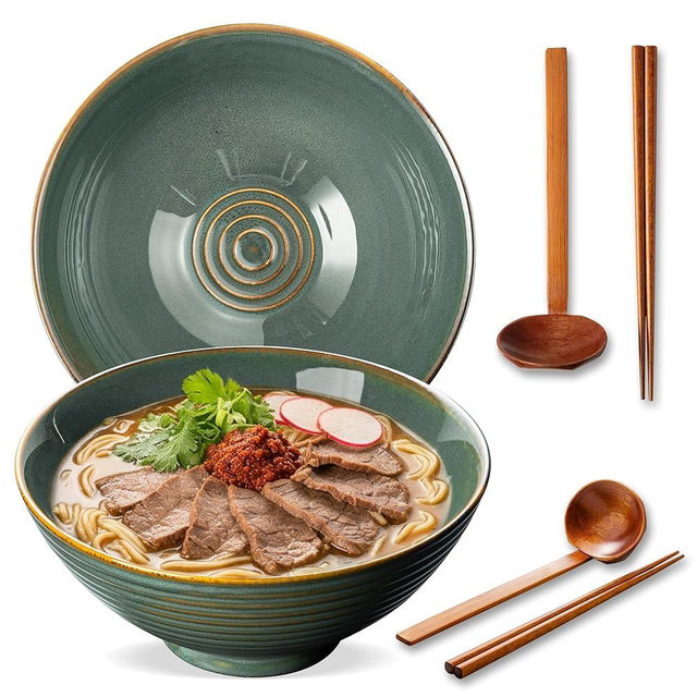 ArtifexCeram 8 Inch Ceramic Ramen Bowl Set of 2, 40oz Japanese Bowls with Spoons & Chopsticks,Durable,Microwave & Dishwasher Safe,Perfect for Ramen,Pho,Salad,Soup,Noodles，Mixing bowls（Dark Teal）