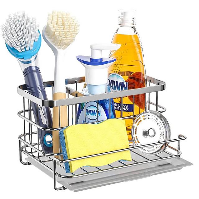 HapiRm Sponge Holder Kitchen Sink Caddy Organizer, Sponge Dish Brush Soap Dispenser Holder with Drain Tray for Countertop, SUS304 Stainless Steel Rustproof Sink Rack - Silver