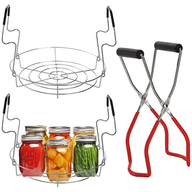 Hedume Set of 3 Stainless Steel Flat Canning Rack, 11.5" Stainless Steel Steaming Canning Jar Rack with Silicone Heat Resistant Handle and Canning Lifter Tong for Jars