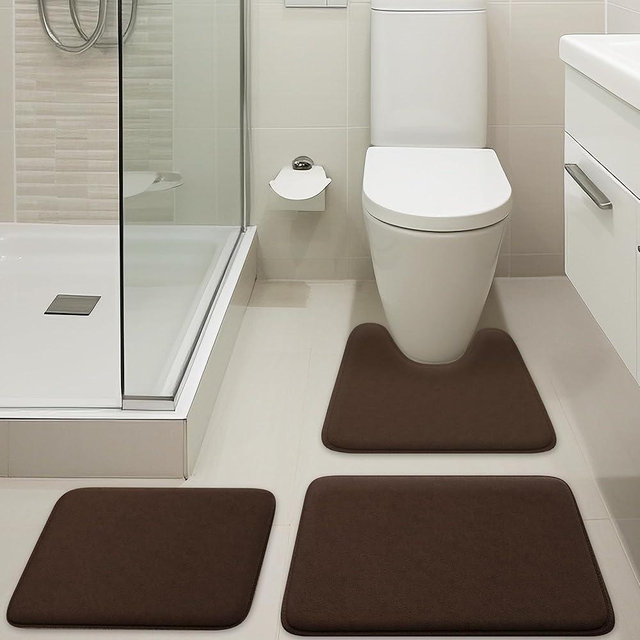 Elvoki 3-Piece Bathroom Rug Set - Memory Foam Bath Mats, Ultra-Soft, Water Absorbent, Machine Washable Brown Bathroom Rugs