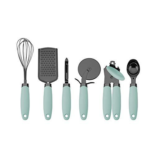 Country Kitchen 6 Pc Essentials Kitchen Stainless Steel Gadget Set Black Gun Metal with Soft Touch Mint Green Handles for Cooking