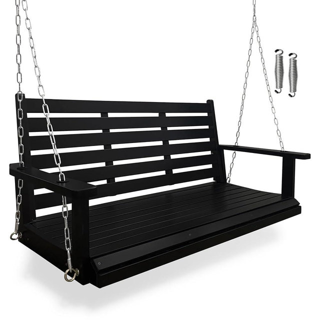 Wooden Porch Swing, Ergonomic Seat, Bench Swing with Hanging Chains and 7mm Springs, Heavy Duty 880 LBS, for Outdoor Patio Garden Yard (Matte Black, 2-Seater Extra Large)
