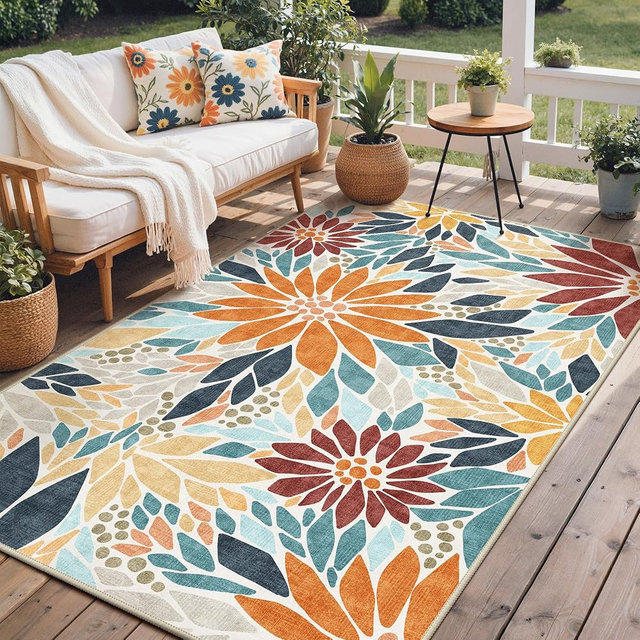 GENIMO Indoor Outdoor Area Rug 5'x8', Machine Washable Rugs for Patio, Waterproof, Non-Slip Easy Cleaning Floral Outdoor Mat Carpet for Living Room, Bedroom, RV, Balcony, Deck, Camping, Orange