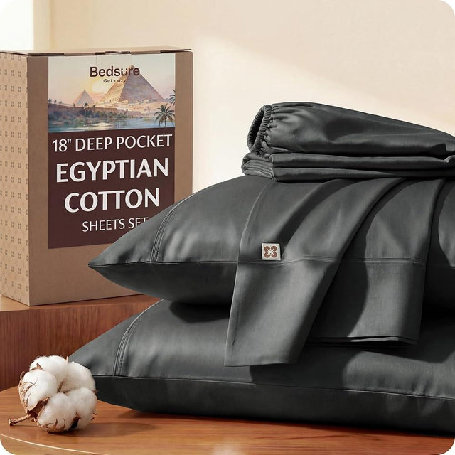 Bedsure 100% Giza Egyptian Cotton Sheets Queen Size - Luxury Hotel Sheets 18 Inches Deep Pocket with 4 Corner Straps, PureWoven Soft & Beathable Sateen Weave Bedsheets (Grey, Queen)