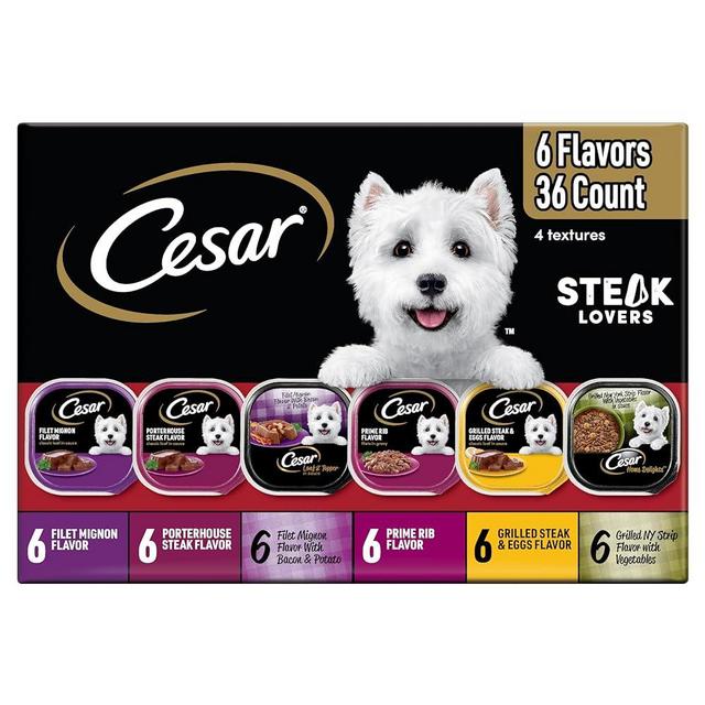 Cesar Wet Dog Food Steak Lovers Variety Pack, Adult, Wet Food for Dogs with Real Meat, 3.5 oz Easy Peel Trays, 36 Count