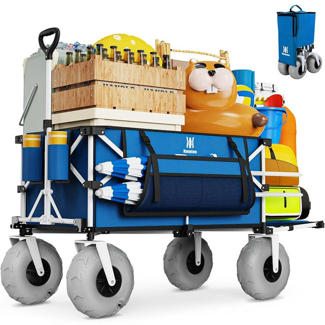Navatiee 260L Beach Wagon with Extended Tailgate, 440lbs Heavy Duty Beach Cart with 9” Big Balloon Wheels for Sand, Collapsible Folding Wagon with Side Pocket for Outdoor, Blue