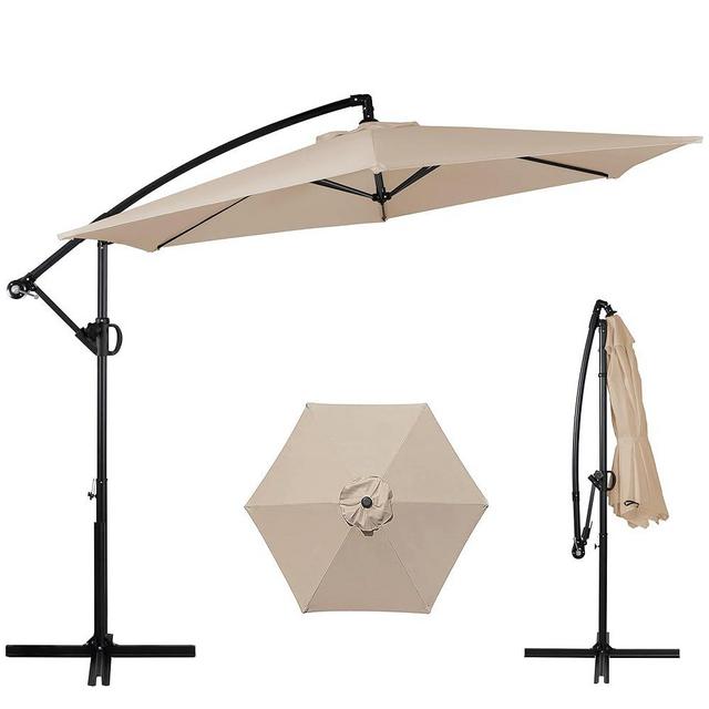 Shintenchi Patio Offset Umbrella w/Easy Tilt Adjustment,Crank and Cross Base, Outdoor Cantilever Hanging Umbrella, 95% UV protection and Waterproof Canopy, Khaki