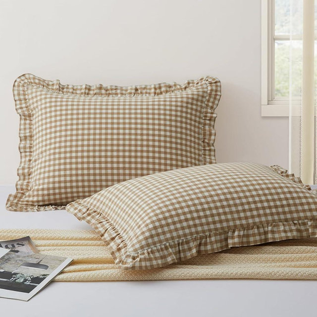KKJIAF 2 Pcs Plaid Ruffle Pillow Case Queen Size, Cotton Gingham Ruffled Euro Sham Pillow Covers 20x30 Inch, Linen Feel Bed Pillow Shams with Envelope Closure for Sofa Bed (Taupe Plaid)
