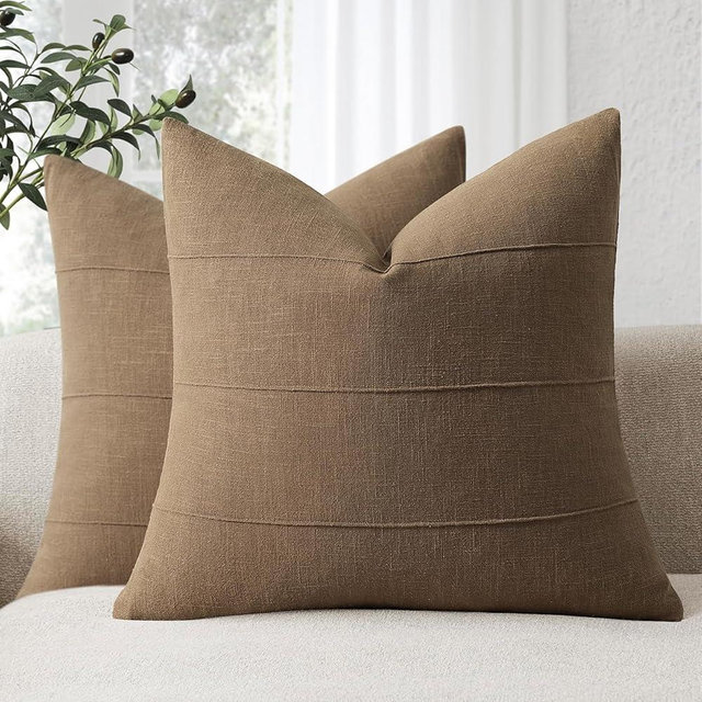 ZWJD Decorative Linen Throw Pillow Covers 22x22 Set of Solid Handcrafted Striped Cushion Covers for Bed Soft Modern Farmhouse Neutral Pillowcase for Couch Bedroom Living Room Home Decor(Coco Brown)