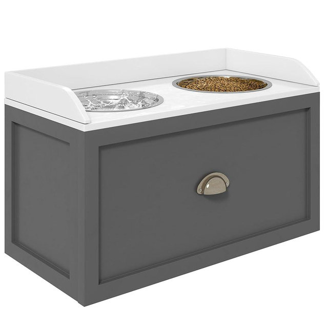 PawHut Feeding Station with Storage Drawer, Food Storage Cabinet with 2 Removable Elevated Bowls for Large Sized Dogs, Gray