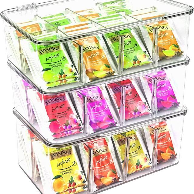 Utopia Home Set of 3 Plastic Tea Bag Organizer - Stackable Tea Bag Storage Organizer Bin Box with Clear Top Lid- Tea bag holder use in Counter tops, Kitchen Cabinets, Pantry, Sweeteners,Beverage bag