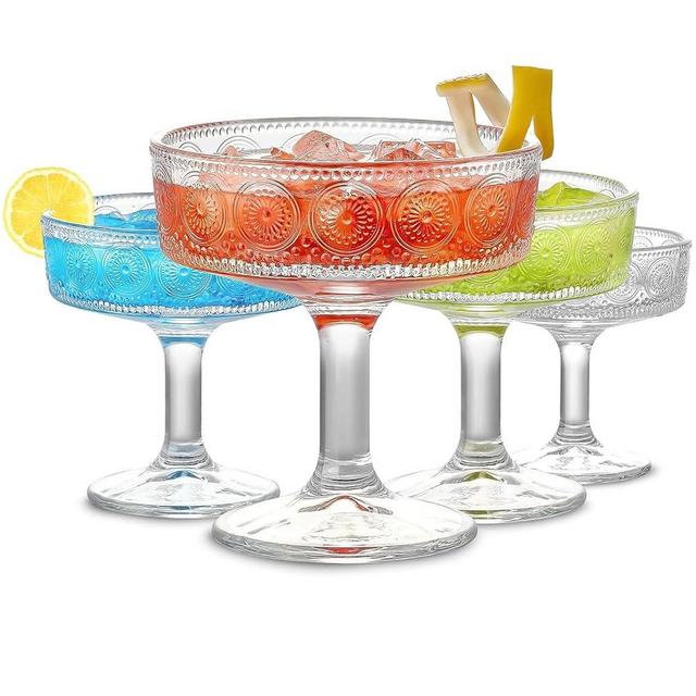 Mfacoy Vintage Coupe Glasses Set of 4, 7 oz Embossed Floral Martini Glasses, Unique Cocktail Galssware, Bar Drinking Glasses Set Pefect for Champagne, Cocktail, Martini, Wine & Gift