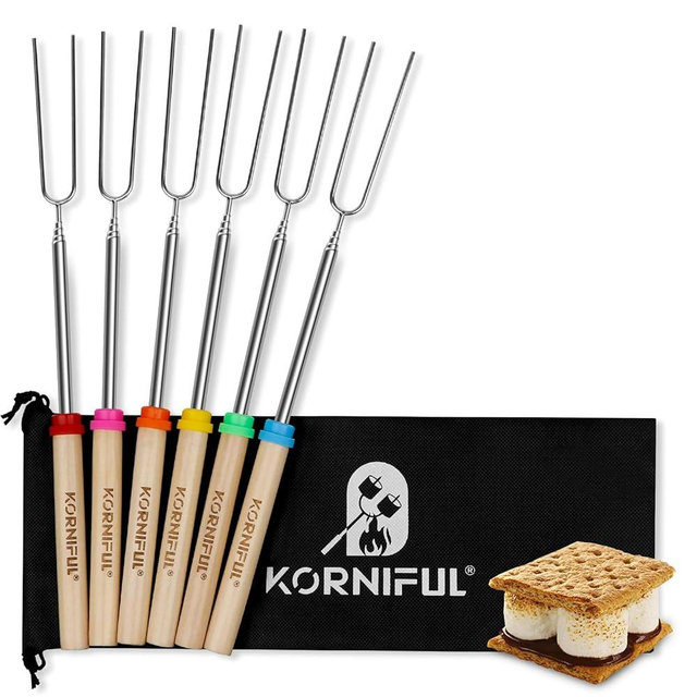 6 pack Smores Sticks for Fire Pit, 32 Inch Marshmallow Roasting long Skewers kit for Campfire - Hot Dog Fork Portable Extendable Stainless Steel Outdoor Trips Accessories