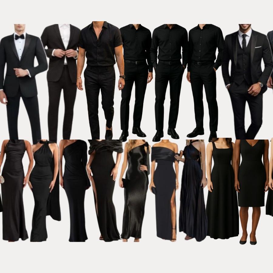 Men: black button up/polo, black dress pants, suit/tuxedo; black dress shoes (no tennis shoes please)
Women: black pant suit, black skirt, dresses (any length), black blouse; heels, flats/nice sandals