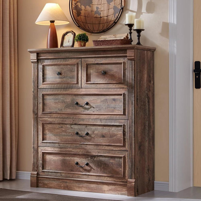 Aitjunz Farmhouse 5 Drawers Dresser for Bedroom, 46" Tall Dressers & Chests of Drawers w/Roman Column, Large Storage Dressers Organizer for Bedroom, Hallway, Living Room, Light Brown